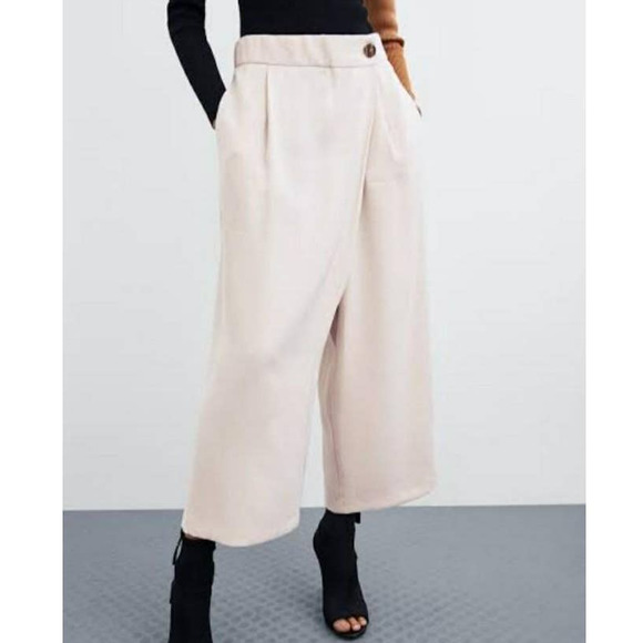 Zara Pants - Zara | Crossover Culottes Cream Wide Leg Cropped Relaxed Fit High Waist Pants